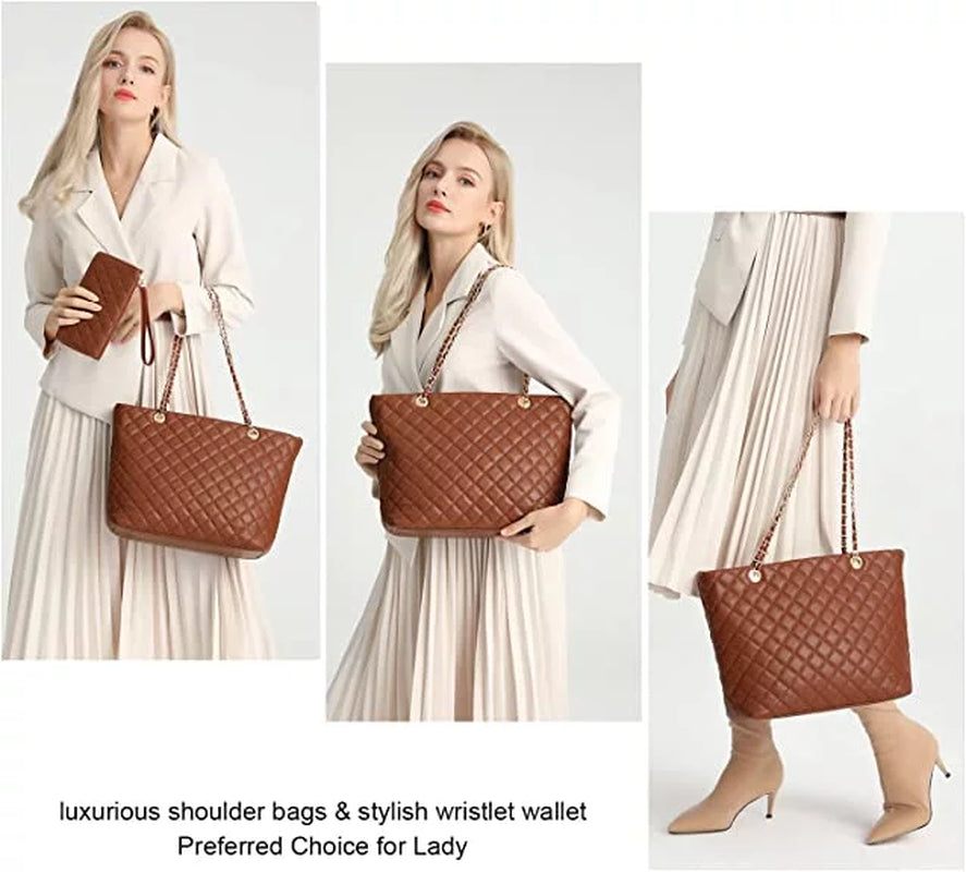 Poppy Quilted Women Tote Bag Satchel Wallet Set 2Pcs Chain Strap Shoulder Bag 