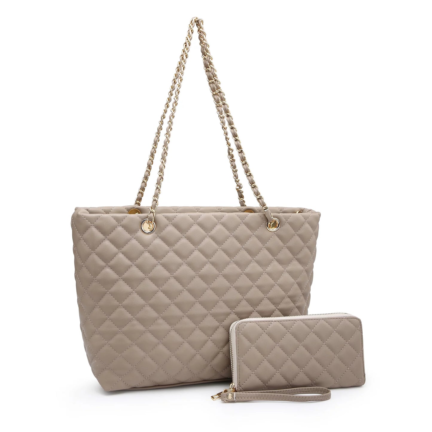 Women'S Classic Quilted Shoulder Bag & Wallet Set Vagan Leather Metal Chain Strap Tote Handbag Purse 2Pcs
