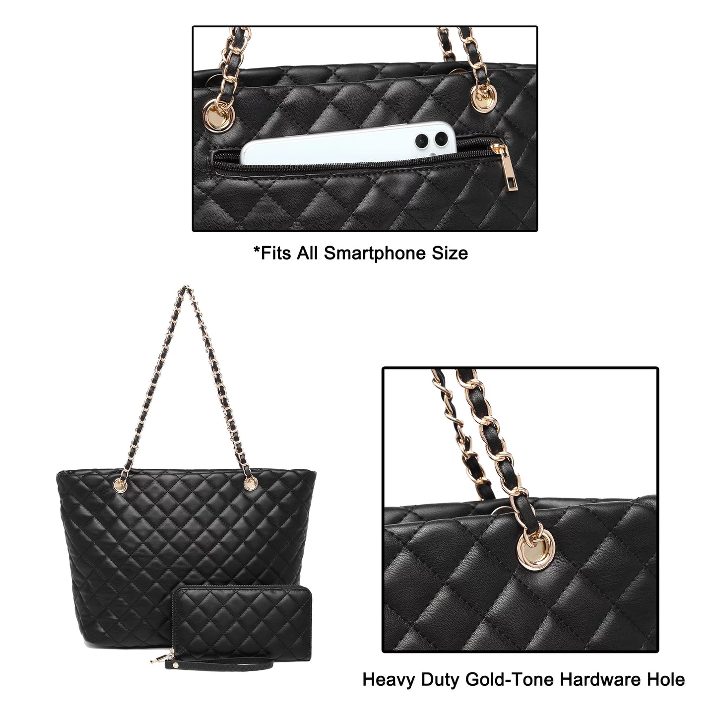 Quilted Women Tote Bag Satchel Wallet Set 2Pcs Chain Strap Shoulder Bag 