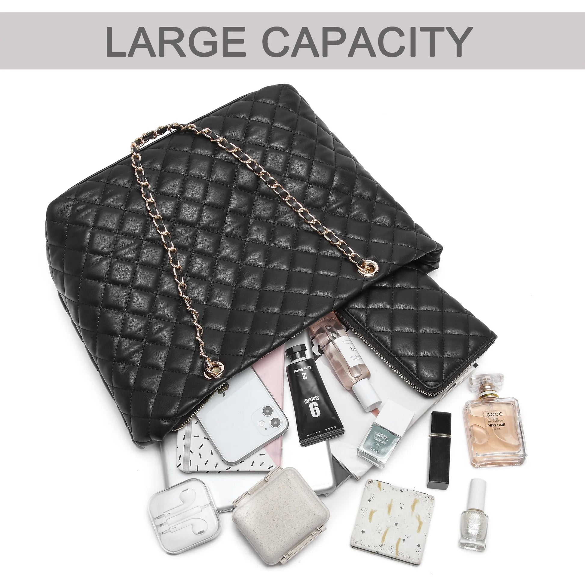 Women'S Classic Quilted Shoulder Bag & Wallet Set Vagan Leather Metal Chain Strap Tote Handbag Purse 2Pcs