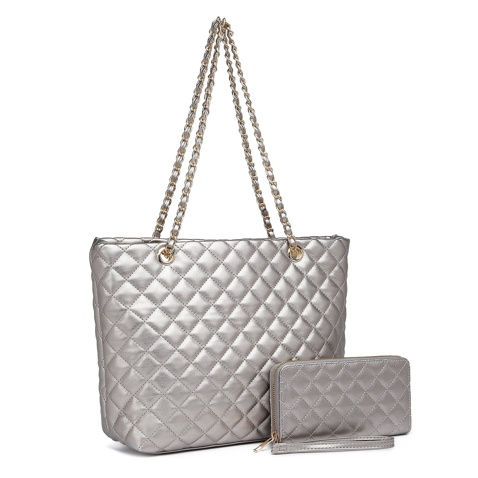 Quilted Leather Tote Bag Satchel Wallet Set 2Pcs Chain Strap Shoulder Bag 